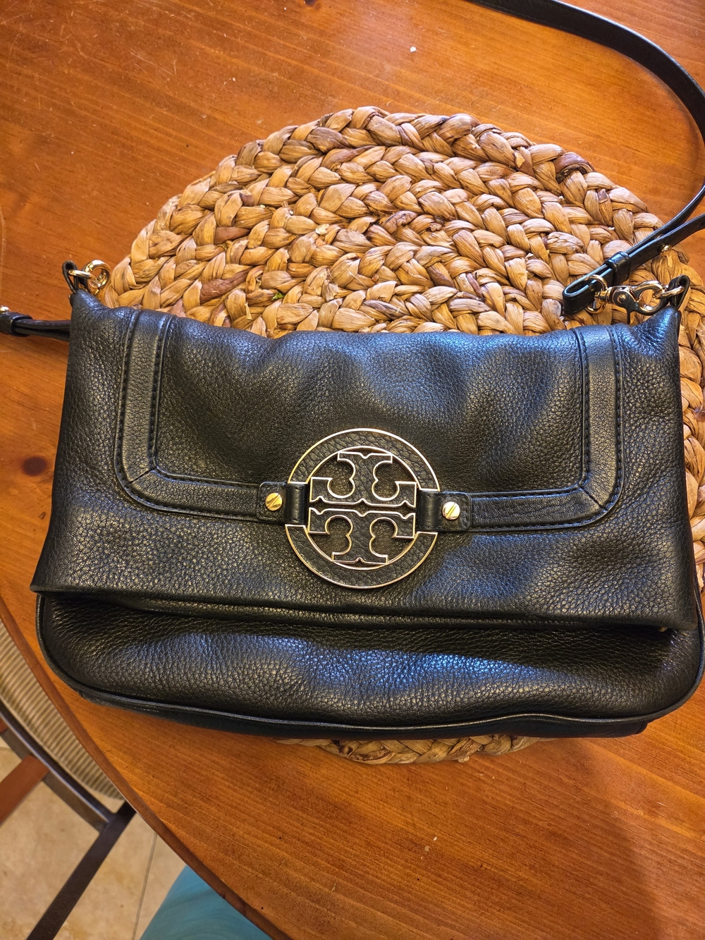 Tory Burch Black Pebbled Leather Logo Fold-Over Crossbody